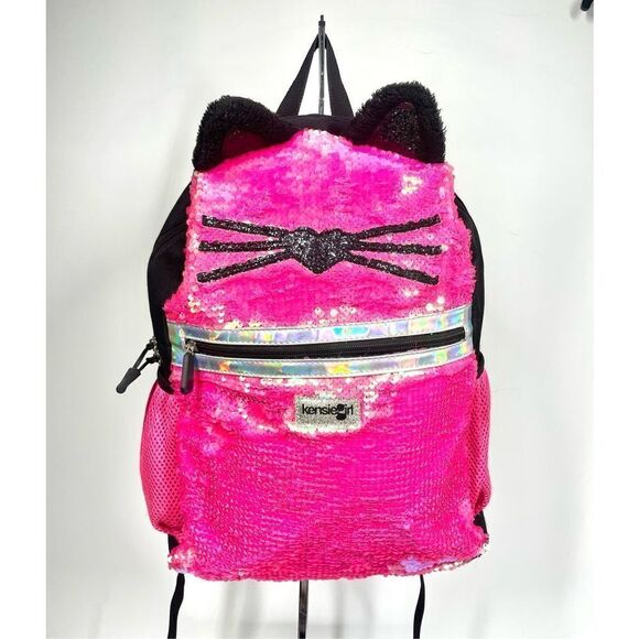 Kensie Girl Kitty Ears Sequin Pink Iridescent Computer Laptop Backpack Rare - Picture 2 of 7